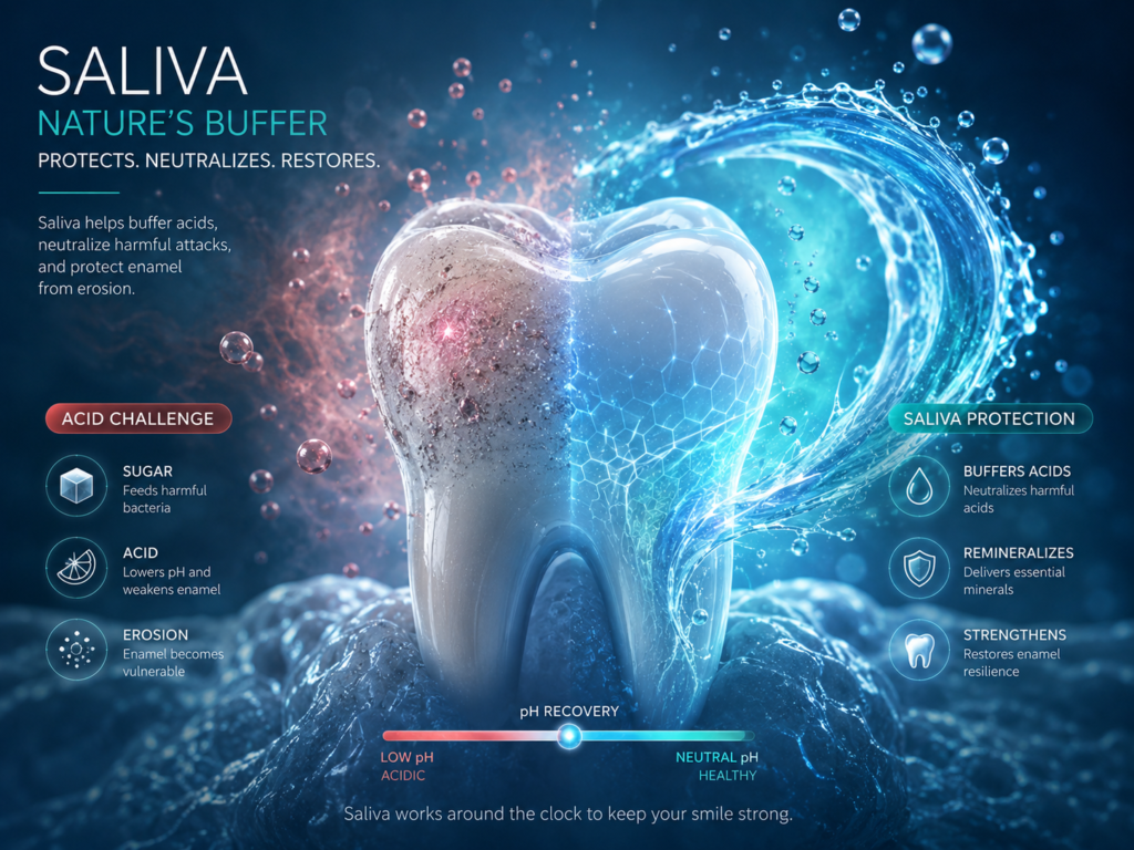 How saliva buffers acids, restores oral pH and protects tooth enamel from demineralization