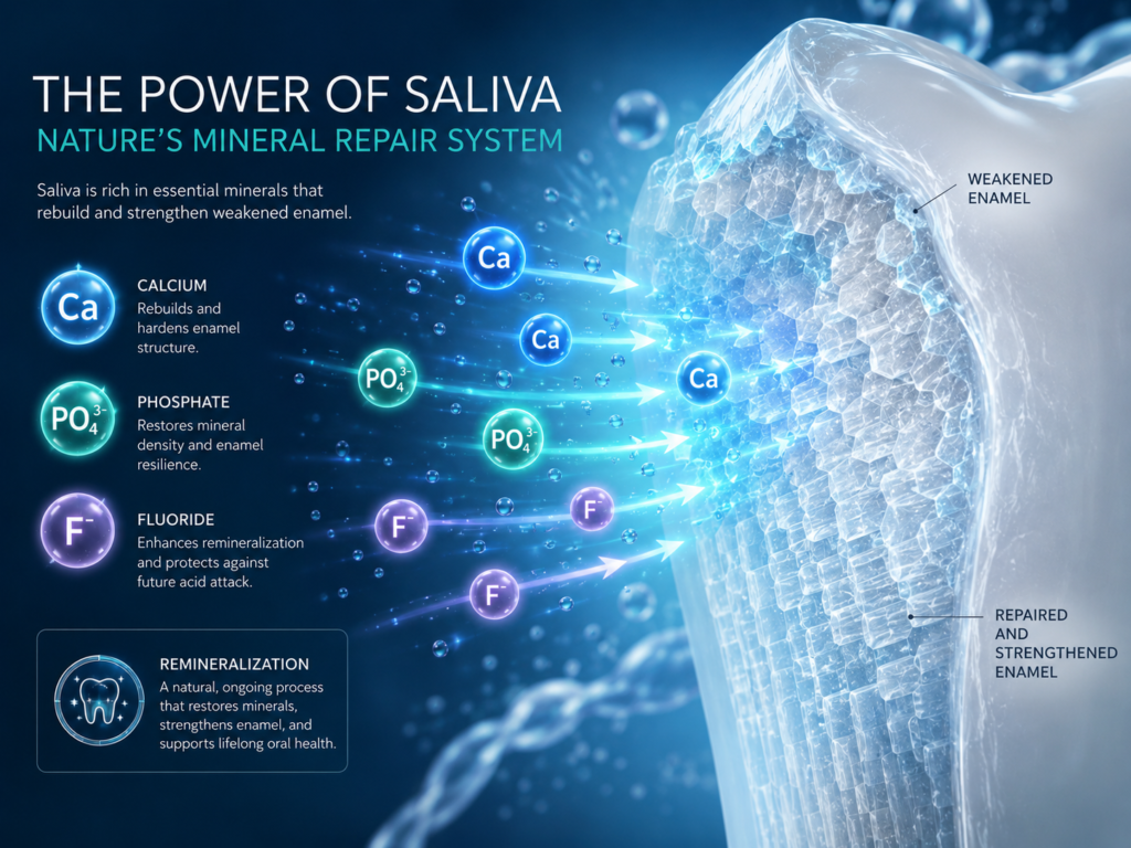 Calcium, phosphate and fluoride in saliva repairing and strengthening weakened tooth enamel