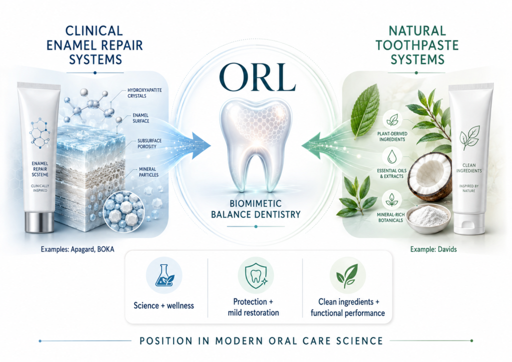 Organic oral care infographic showing ORL bridging clinical enamel repair systems and natural toothpaste through Biomimetic Balance Dentistry.