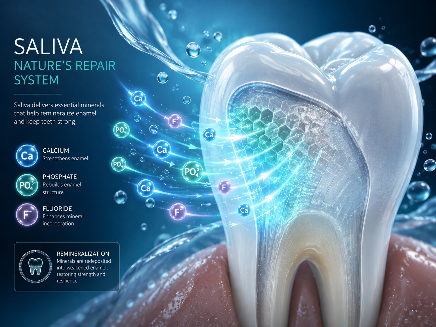 Saliva and mineral repair process delivering calcium, phosphate and fluoride into weakened tooth enamel