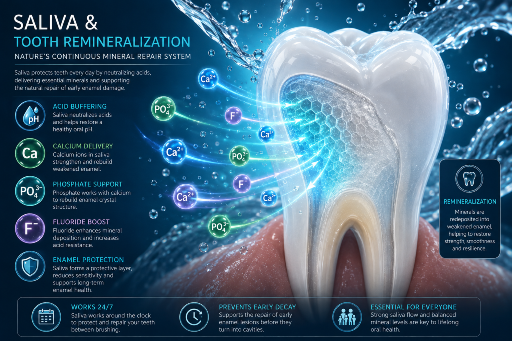 Saliva and tooth remineralization showing acid buffering and calcium, phosphate and fluoride repairing weakened enamel