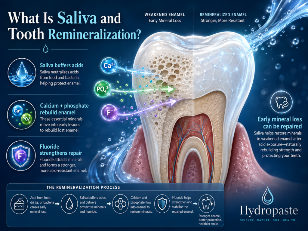 Saliva and tooth remineralization showing calcium, phosphate and fluoride repairing weakened enamel
