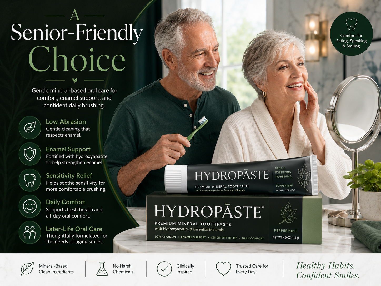 Senior couple using HYDROPĀSTE hydroxyapatite toothpaste for gentle enamel support, sensitivity relief and comfortable daily oral care