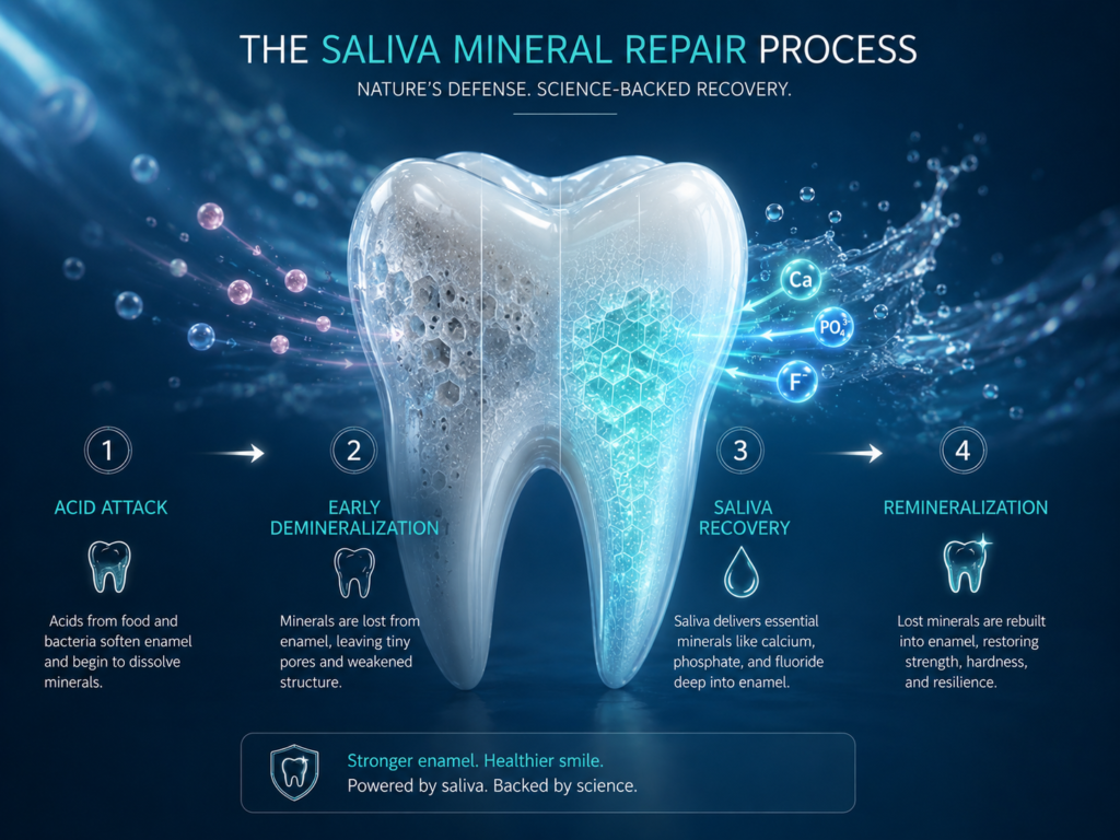 Four stages of saliva mineral repair from acid attack and demineralization to enamel remineralization