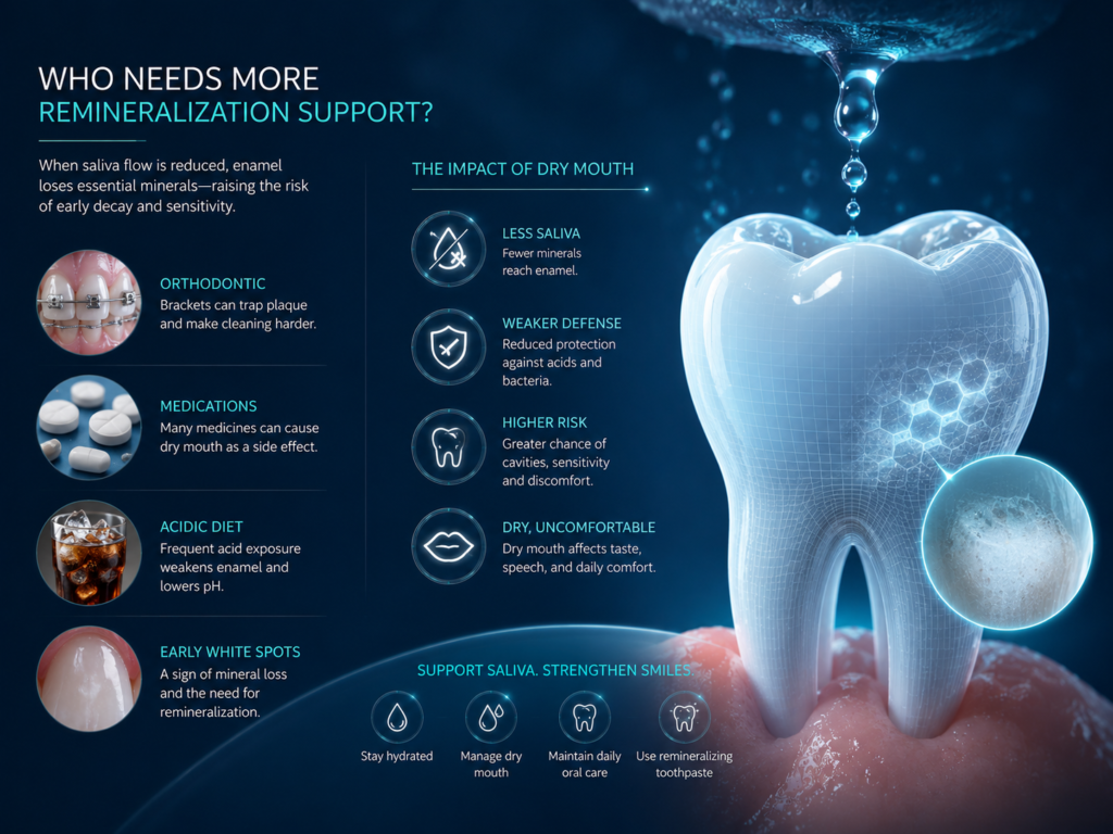 Dry mouth, braces, medications and acidic drinks increasing the need for saliva remineralization support