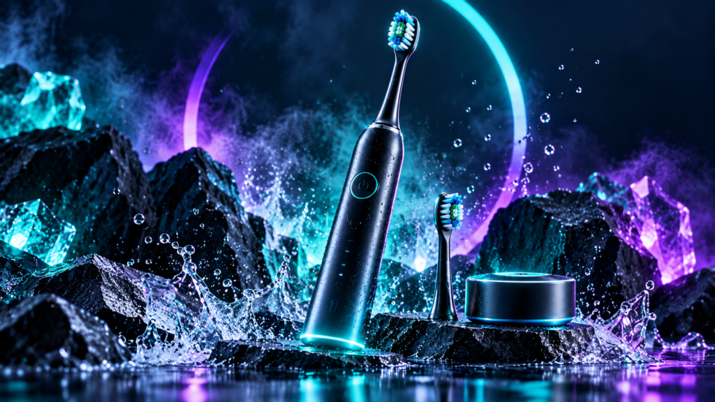 Black electric toothbrush with blue and white bristles, a replacement brush head, and charging base under neon lighting.