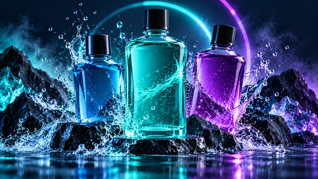 Three blue, turquoise, and purple mouthwash bottles surrounded by water splashes in a dark, colorful product display.