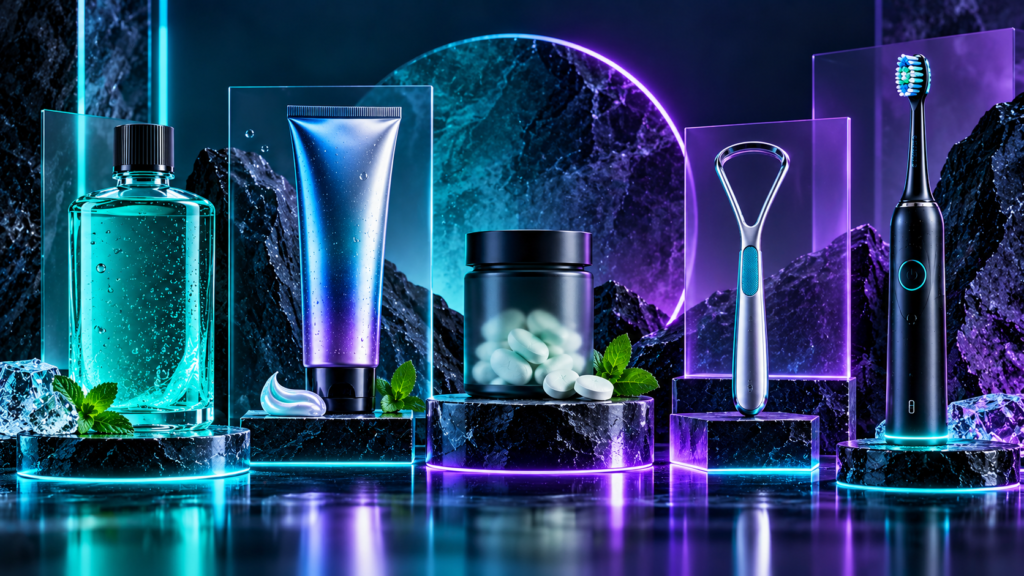 Five oral care products displayed on illuminated stands, including mouthwash, toothpaste, probiotics, tongue scraper, and electric toothbrush.