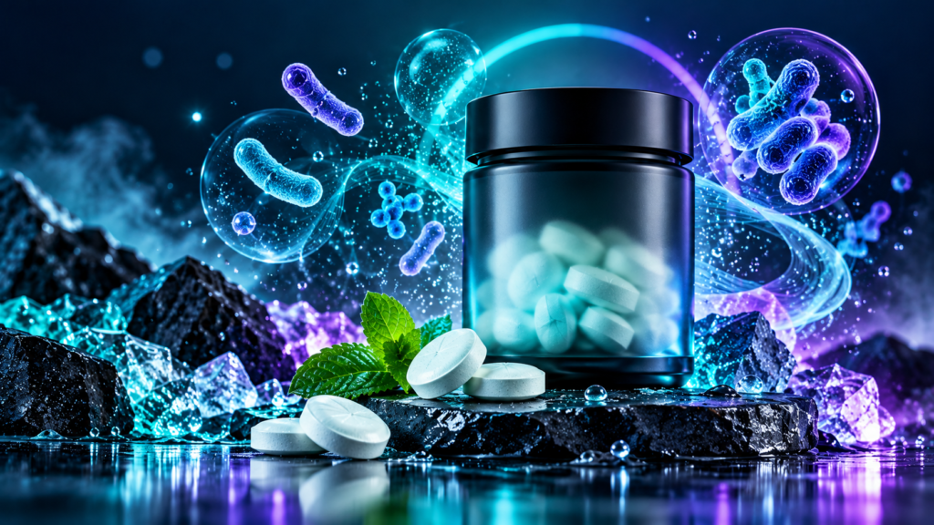 Jar of oral probiotic lozenges with tablets and illustrated bacteria in a glowing blue and purple scientific setting.
