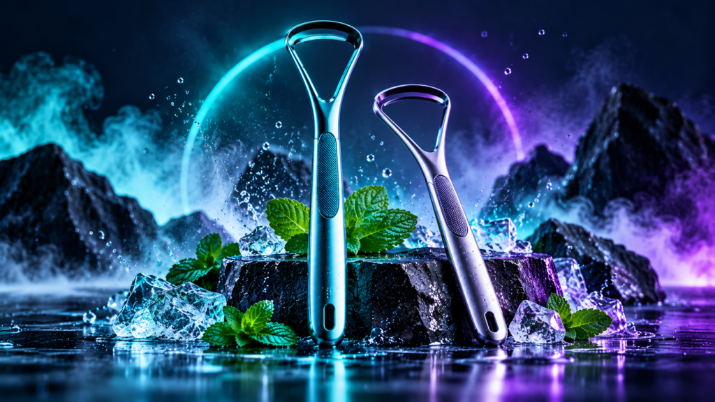 Two metallic tongue scrapers with mint leaves and ice on a dark surface illuminated by turquoise and purple light.