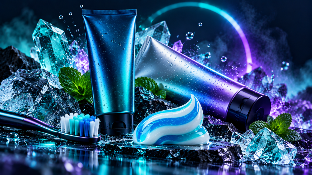 Two metallic toothpaste tubes, a toothbrush, and blue-striped toothpaste surrounded by crystals and mint leaves.